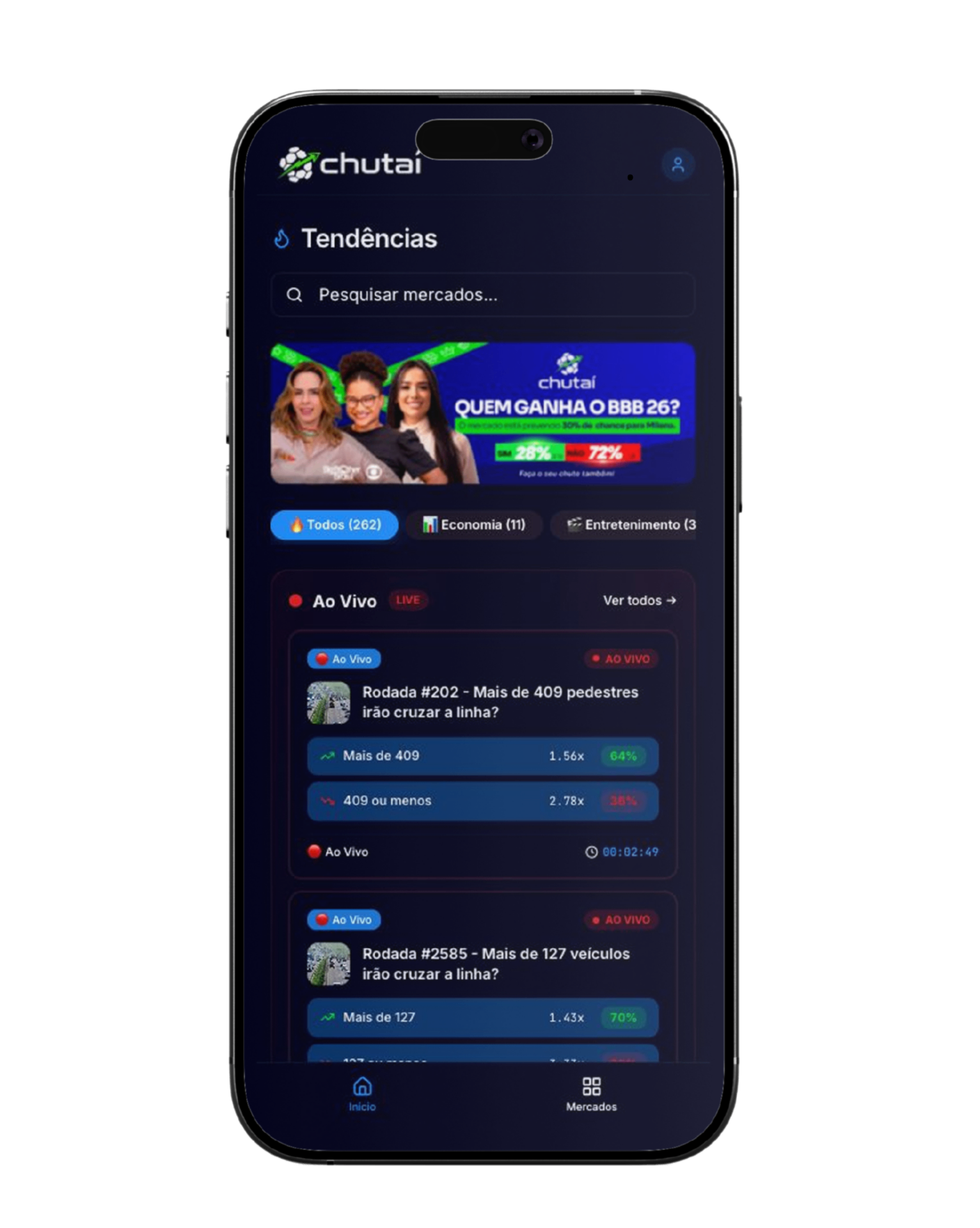 App mobile exibindo feed de tendências e mercados em destaque