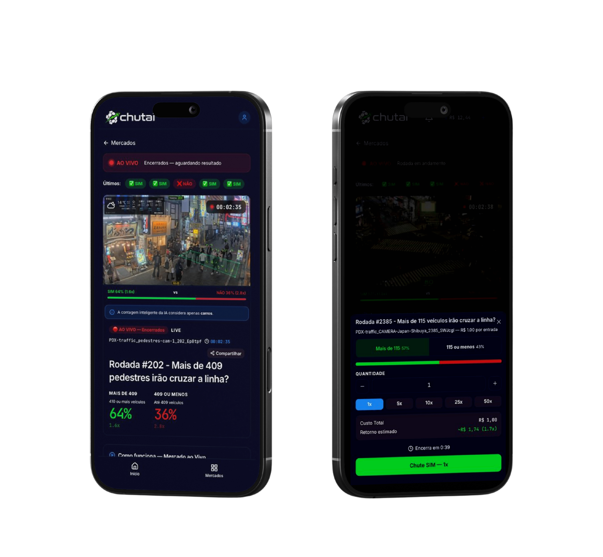 App mobile mostrando mercado ao vivo e modal de confirmação de aposta