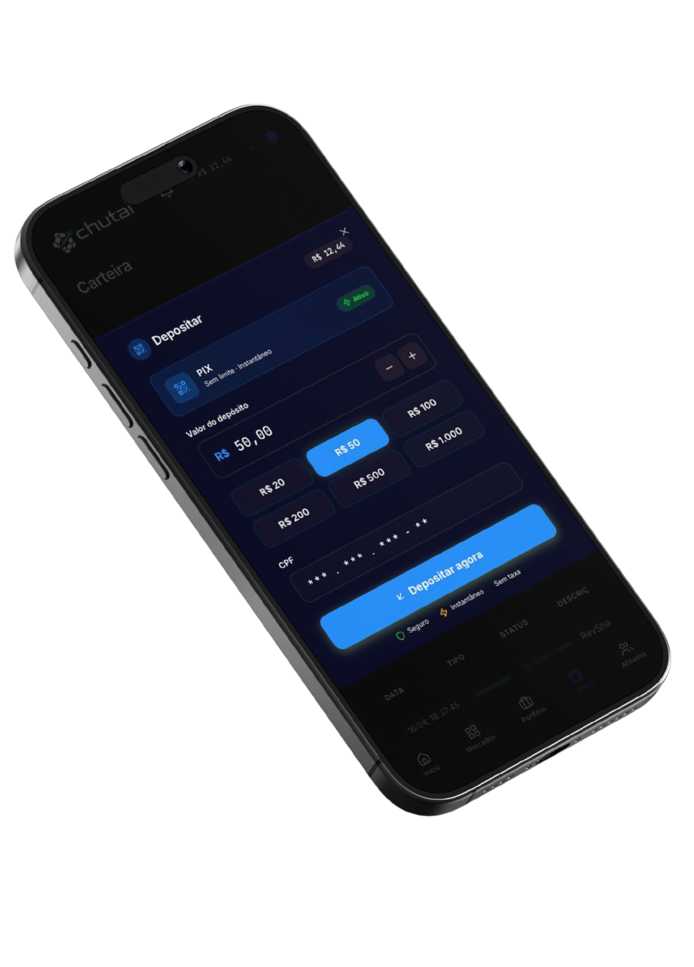 App mobile exibindo tela de carteira e depósito via PIX